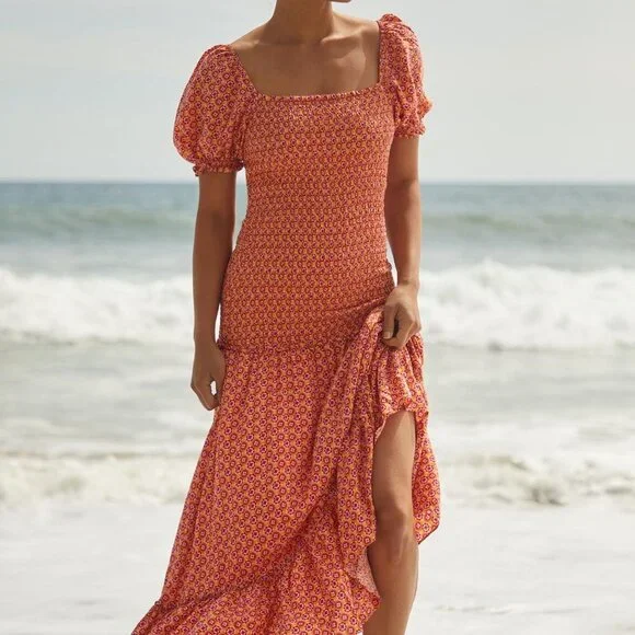 L*SPACE Simone Floral Square‎ Neck Short Sleeve Smocked High Low Maxi Dress - Picture 6 of 16